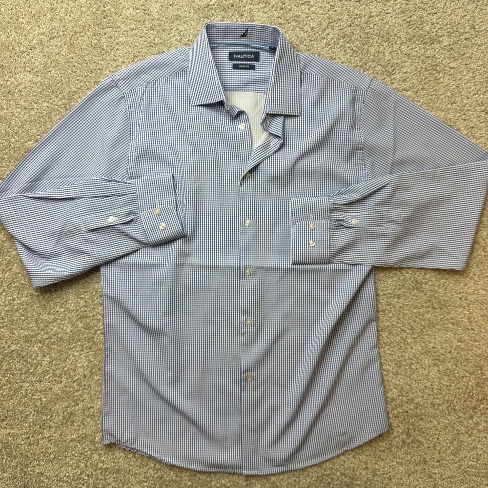 Nautica Dress Shirt Mens 15-15.5 32/33 Blue Gingham Slim Fit Stretch Long Sleeve